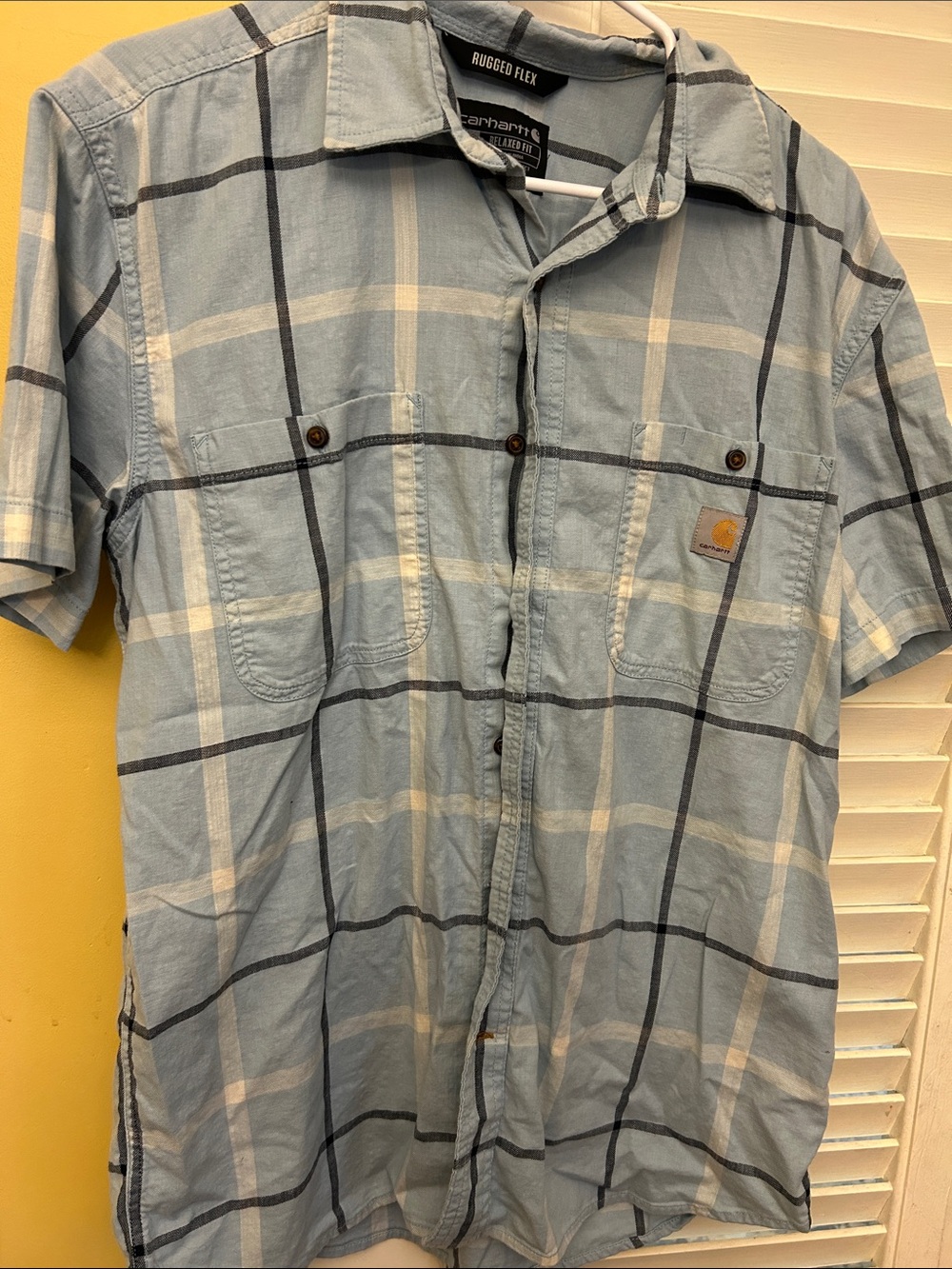 Carhartt Men’s Light Blue and White Plaid Short Sleeve Button-Up Shirt